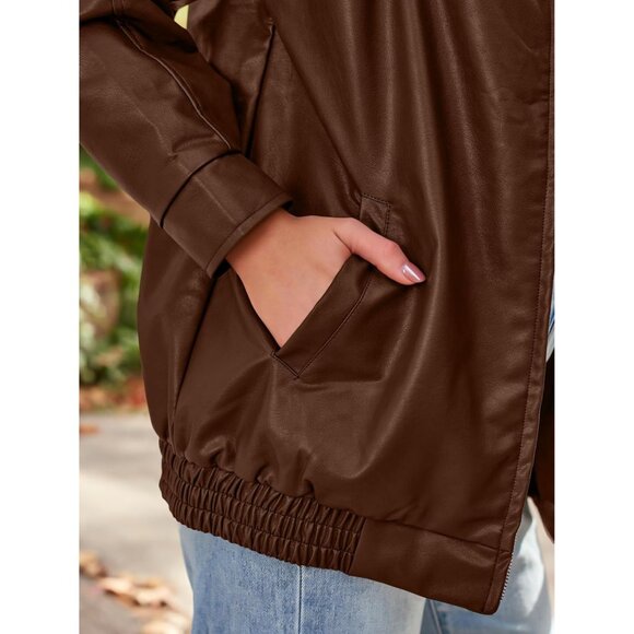 🔥 Women's Caramel Faux Leather Fall Motorcycle Oversized Zipper Jacket - Picture 5 of 5